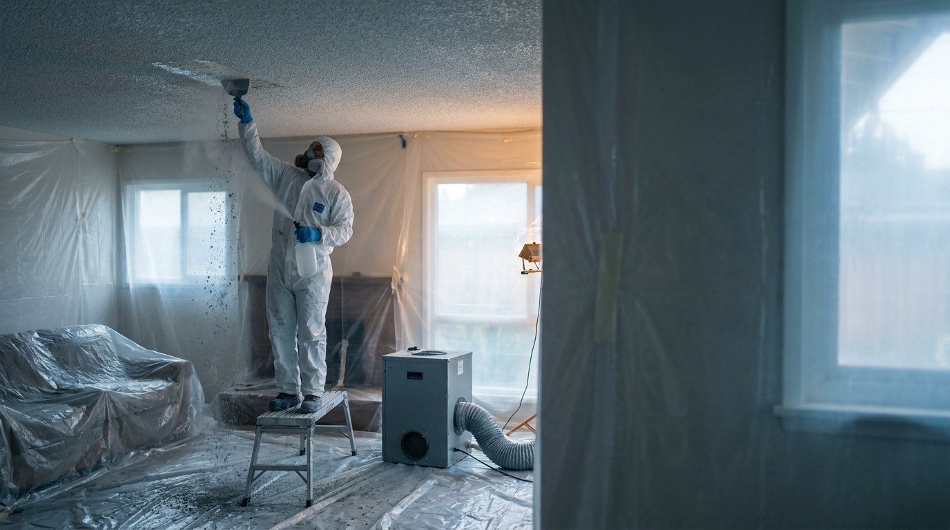 Abatement worker in white coveralls and a respirator scraping a misted popcorn ceiling in a living room sealed in clear plastic sheeting, with a negative-air machine on the floor