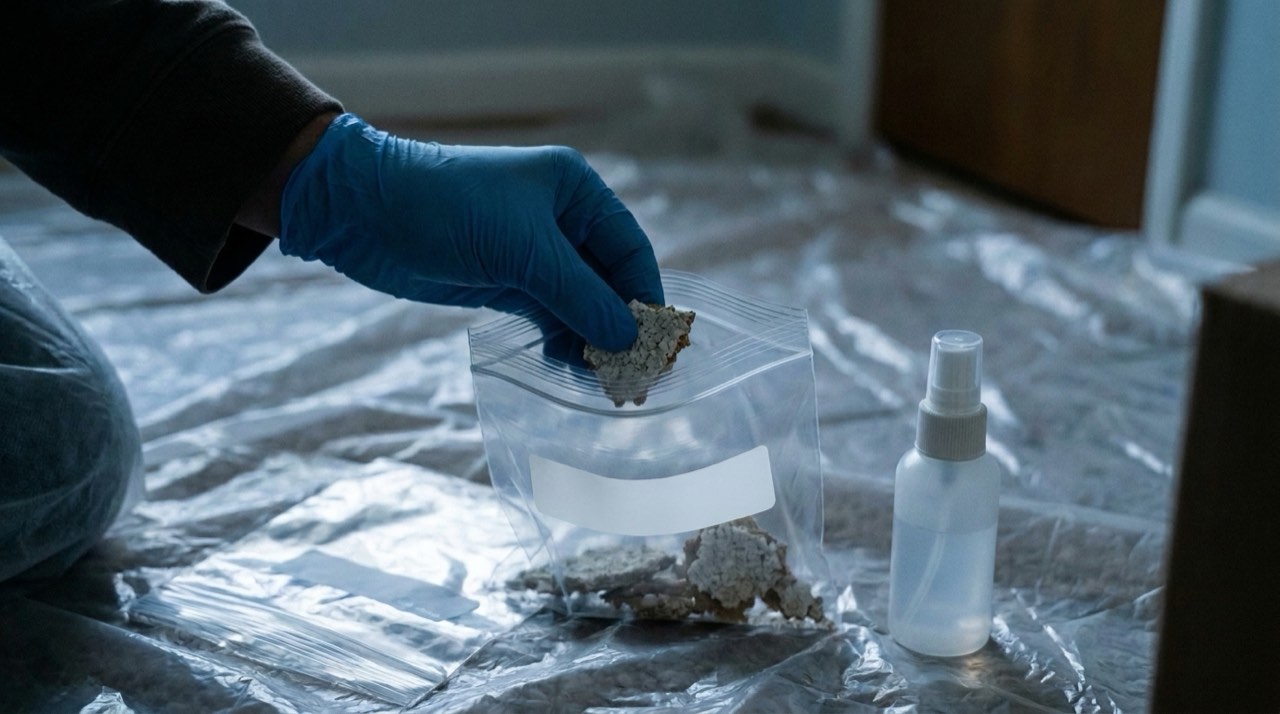 Gloved hand placing a chip of textured ceiling material into a clear resealable sample bag on plastic sheeting, next to a small spray bottle