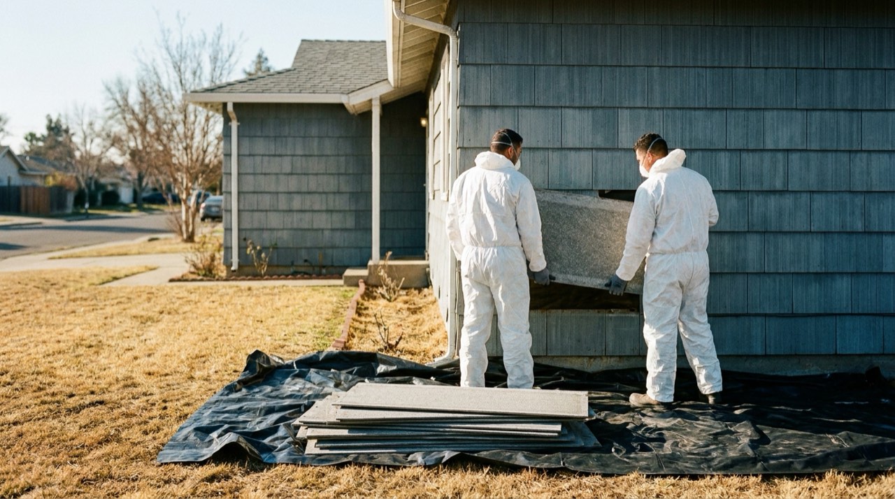 Two workers in white coveralls removing a flat grey siding panel from a single-story house, removed panels stacked on black plastic sheeting on the lawn