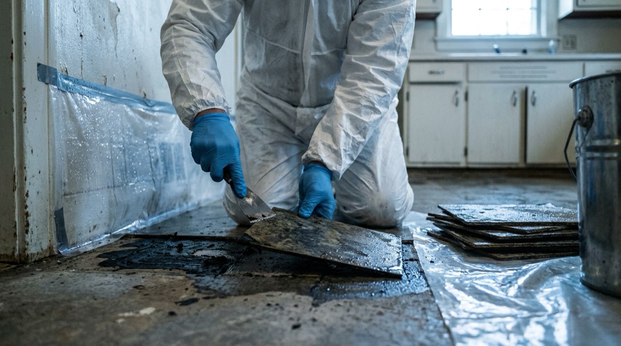 Kneeling worker in coveralls and blue gloves lifting a wet floor tile with a scraper, black mastic exposed on the floor and removed tiles stacked on plastic