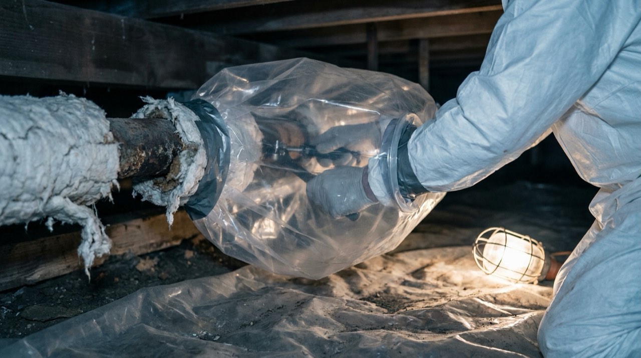 Gloved arms working inside a clear plastic glove bag taped around an old insulated pipe in a crawlspace lit by a work lamp