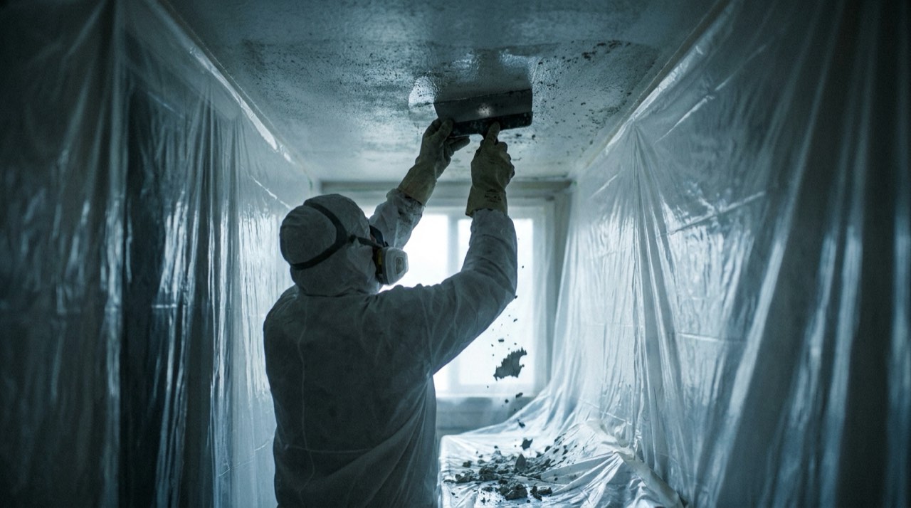 Worker in white coveralls and a respirator scraping textured ceiling material in a hallway lined with plastic sheeting, debris falling onto the covered floor