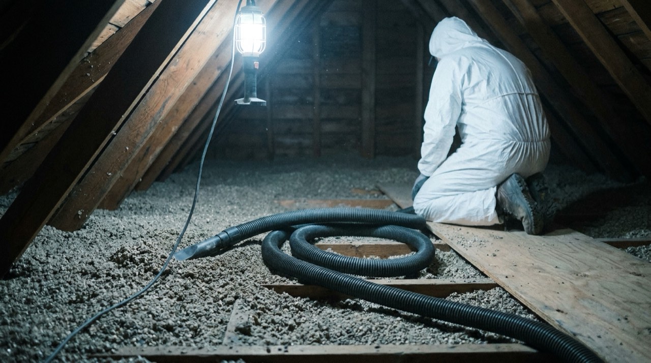 Attic floor filled with grey-brown loose-fill vermiculite between the joists, a black vacuum hose coiled across it and a worker in white coveralls kneeling nearby