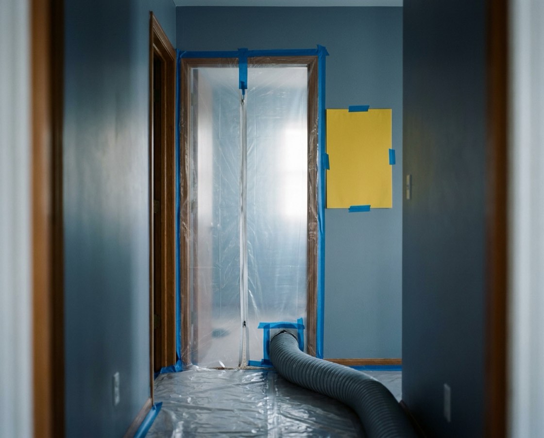 Doorway sealed with clear plastic sheeting and a zippered entry flap, a blank yellow sign taped beside it and a negative-air duct running through the sheeting along a plastic-covered hallway floor